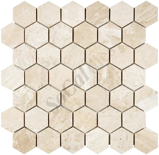 Diano Royal (Queen Beige) Marble 2’’ X 2’’ Hexagon Mosaic Polished Wall Tile