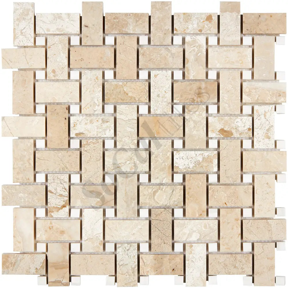 Diano Royal (Queen Beige) Marble Basketweave Mosaic (w/ White Dolomite) Polished Wall Tile