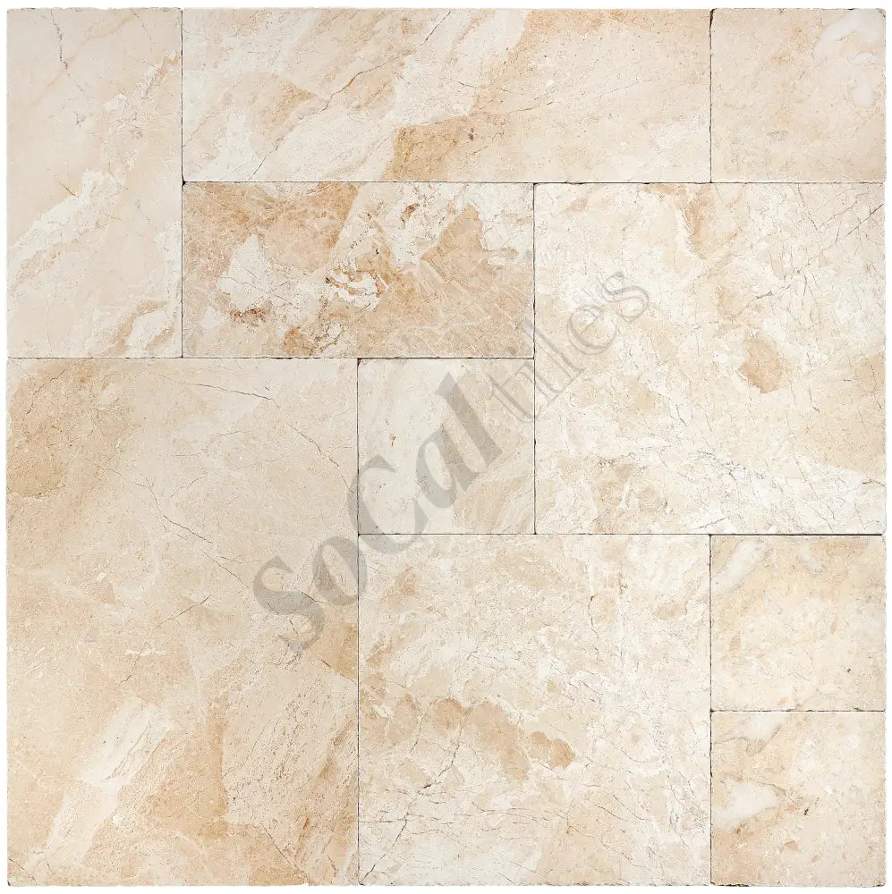 Diano Royal (Queen Beige) Marble Versailles Pattern Tile Brushed & Chiseled/Tumbled Wall Tile