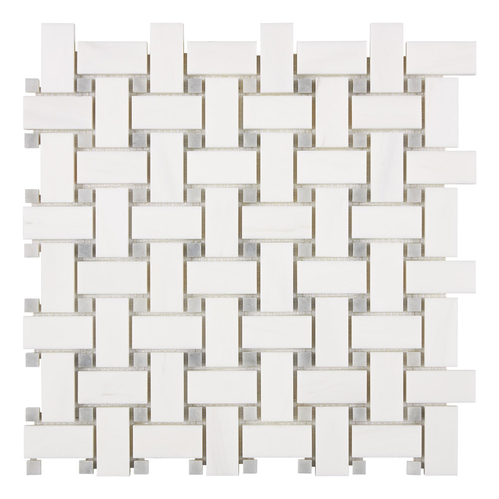 Bianco Dolomite Basketweave Mosaic w/ Blue-Gray Dots Backsplash Tile