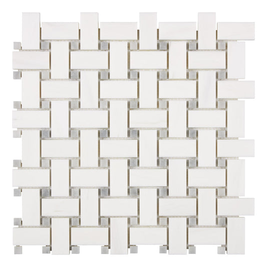 Bianco Dolomite Basketweave Mosaic w/ Blue-Gray Dots Backsplash Tile