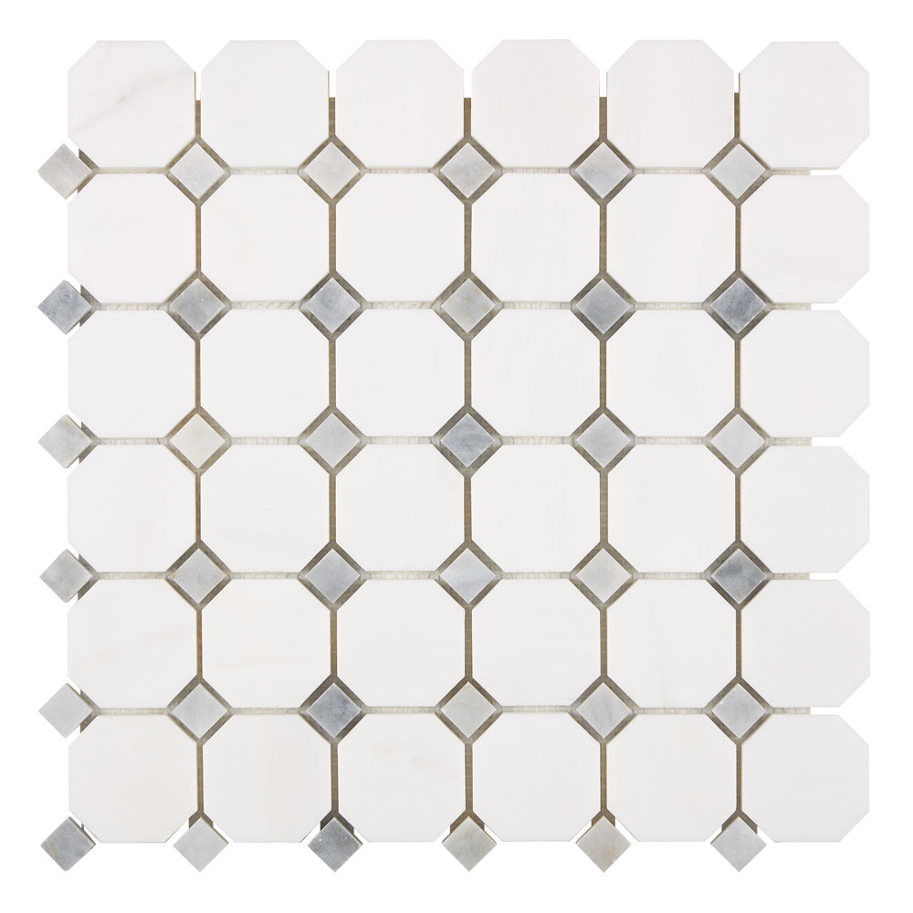 Bianco Dolomite Octagon Mosaic w/ Blue-Gray Dots Backsplash Tile