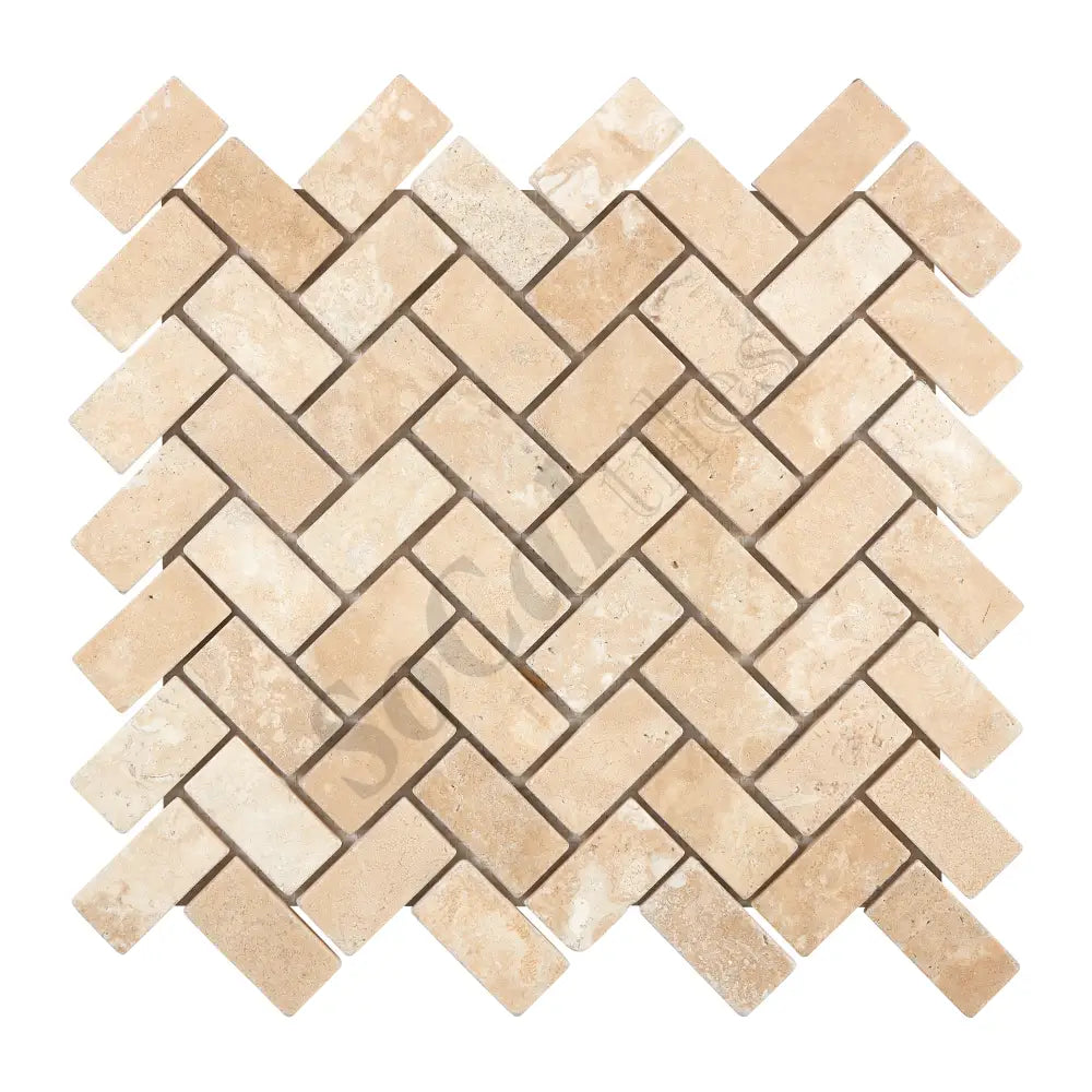 Durango Cream Travertine 1’’ X 2’’ Herringbone Mosaic Tumbled Wall Tile