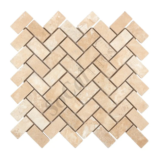 Durango Cream Travertine 1’’ X 2’’ Herringbone Mosaic Tumbled Wall Tile
