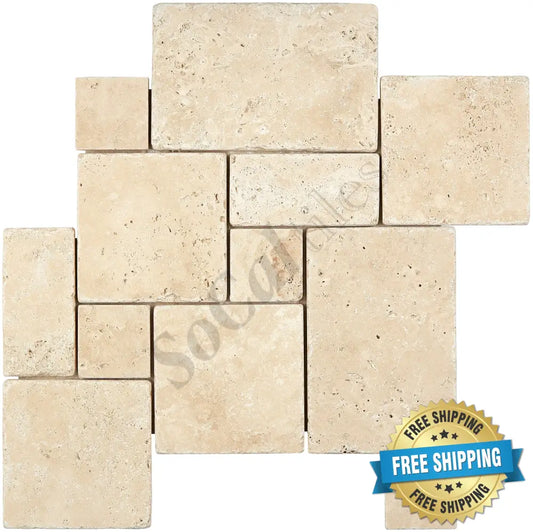 Durango Cream Travertine OPUS Mini-Pattern Mosaic Tumbled Wall Tile