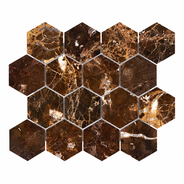 Overhead render of a polished Emperador Dark marble 3-inch hexagon mosaic sheet on white.
