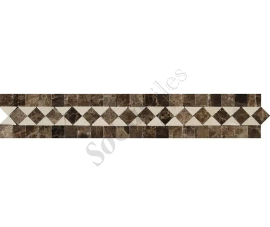 Emperador Dark Marble 2’’ X 12’’ BIAS Border w/ Crema Marfil Dots Polished / 1 pcs. Accent & Trim Tile