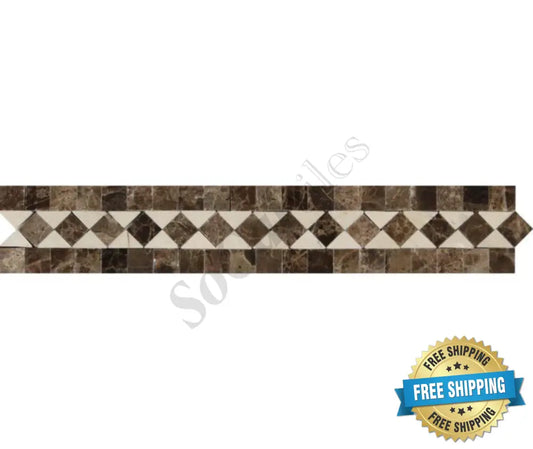 Emperador Dark Marble 2’’ X 12’’ BIAS Border w/ Crema Marfil Dots Polished / 1 pcs. Accent & Trim Tile