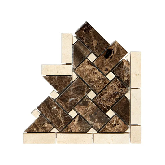 Emperador Dark Marble Basketweave Border CORNER (w/ Crema Marfil Dots) Polished Polished / 1 pcs. Accent & Trim Tile