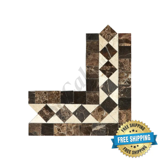 Emperador Dark Marble BIAS Border CORNER (w/ Crema Marfil Dots) Polished Polished / 1 pcs. Accent & Trim Tile