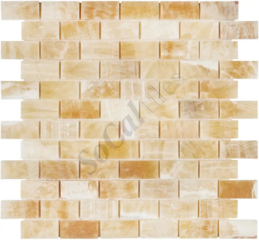 Giallo Crystal Honey Onyx 1’’ X 2’’ Brick Mosaic Polished/Split-Faced Backsplash Tile