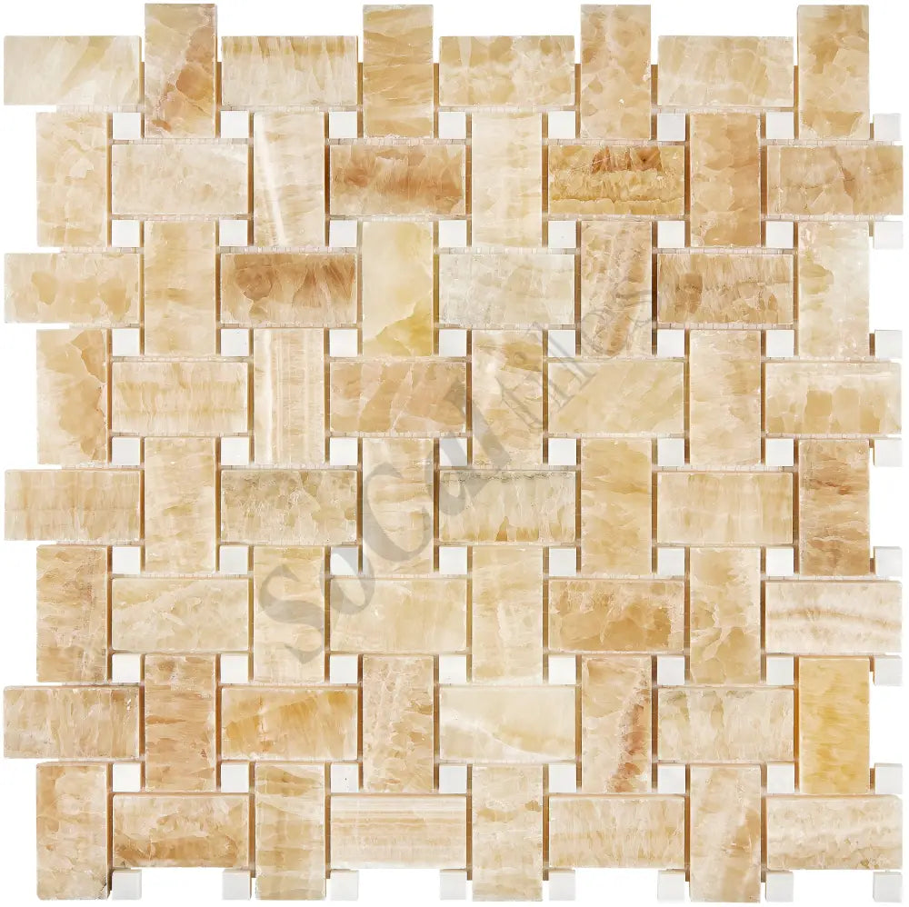 Giallo Crystal Honey Onyx Basketweave Mosaic (w/ White) Polished Backsplash Tile