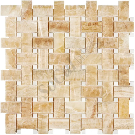 Giallo Crystal Honey Onyx Basketweave Mosaic (w/ White) Polished Backsplash Tile