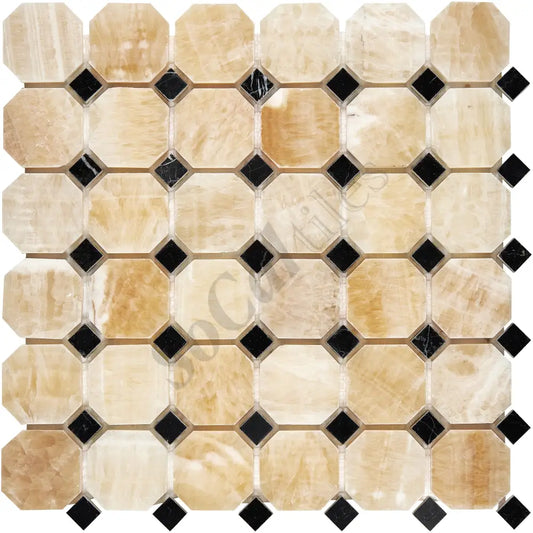 Giallo Crystal Honey Onyx Octagon Mosaic (w/ Black) Polished Backsplash Tile