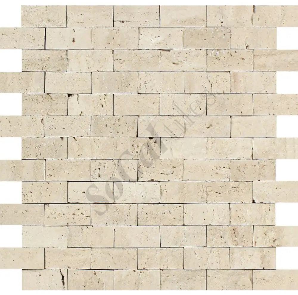Ivory (Light) Travertine 1’’ X 2’’ Brick Mosaic Tumbled/Filled & Honed/Split-Faced Split-Faced / 1 sheet Wall Tile