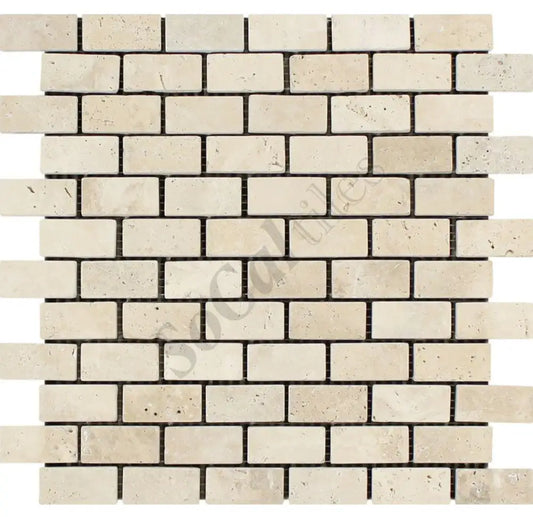 Ivory (Light) Travertine 1’’ X 2’’ Brick Mosaic Tumbled/Filled & Honed/Split-Faced Tumbled / 1 sheet Wall Tile