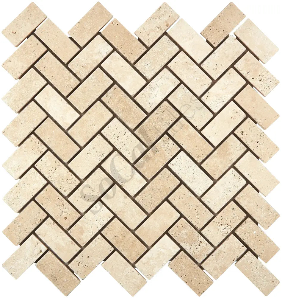Ivory (Light) Travertine 1’’ X 2’’ Herringbone Mosaic Tumbled Wall Tile