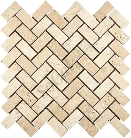 Ivory (Light) Travertine 1’’ X 2’’ Herringbone Mosaic Tumbled Wall Tile
