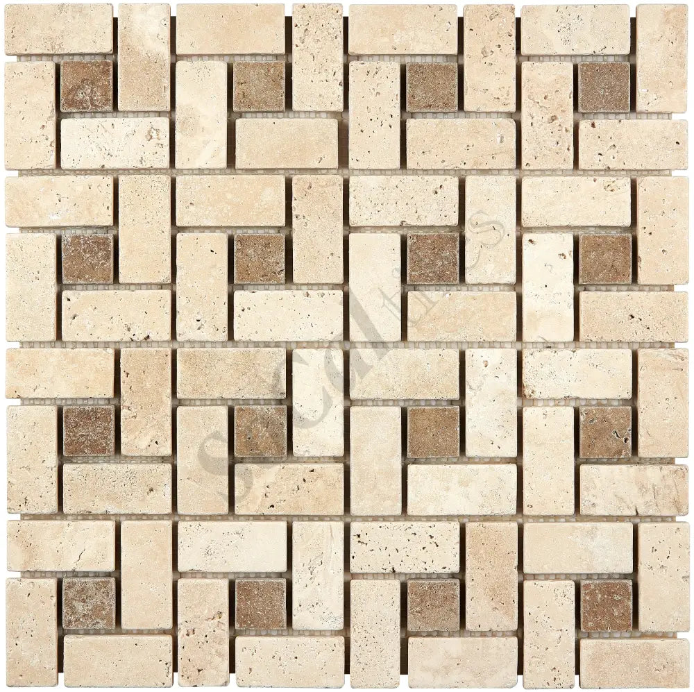 Ivory (Light) Travertine 1’’ X 2’’ Pinwheel Mosaic w/ Noce Dots Tumbled Wall Tile