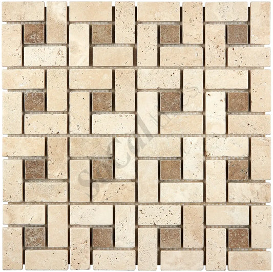 Ivory (Light) Travertine 1’’ X 2’’ Pinwheel Mosaic w/ Noce Dots Tumbled Wall Tile