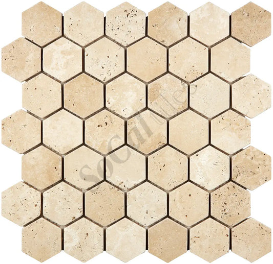 Ivory (Light) Travertine 2’’ X 2’’ Hexagon Mosaic Tumbled/Filled & Honed Wall Tile