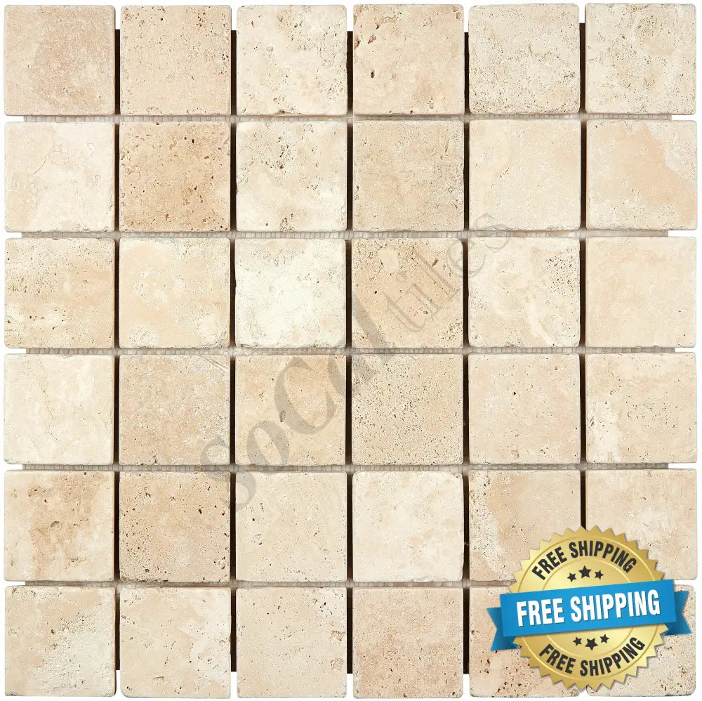 Ivory (Light) Travertine 2’’ X 2’’ Mosaic Tumbled / 1 sheet Wall Tile