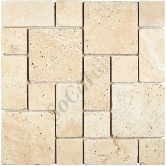 Ivory (Light) Travertine 3-pcs. Mini-Pattern Mosaic (Non-Interlocking) Tumbled Wall Tile