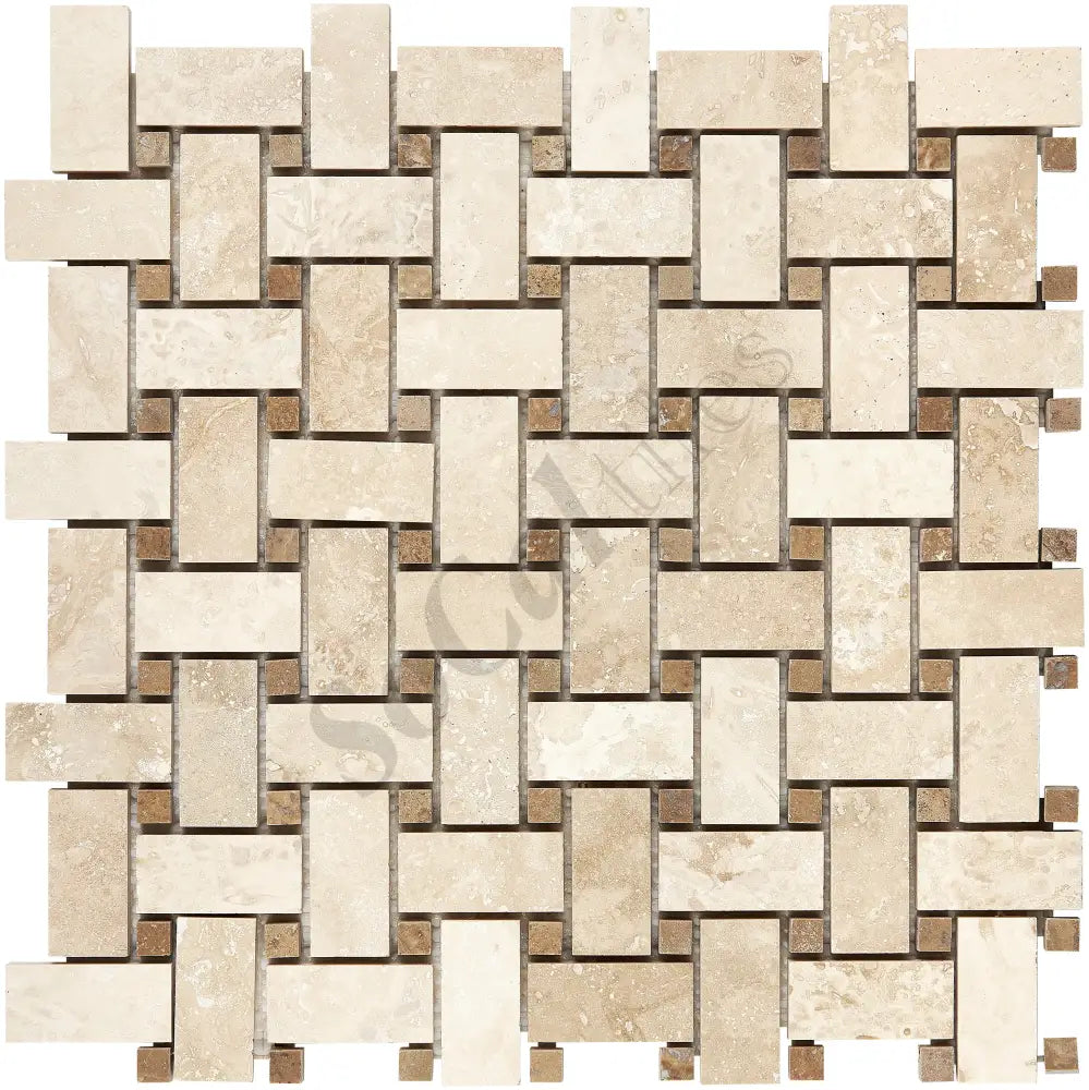 Ivory (Light) Travertine Basketweave Mosaic w/ Noce Dots Filled & Honed / 1 sheet Wall Tile