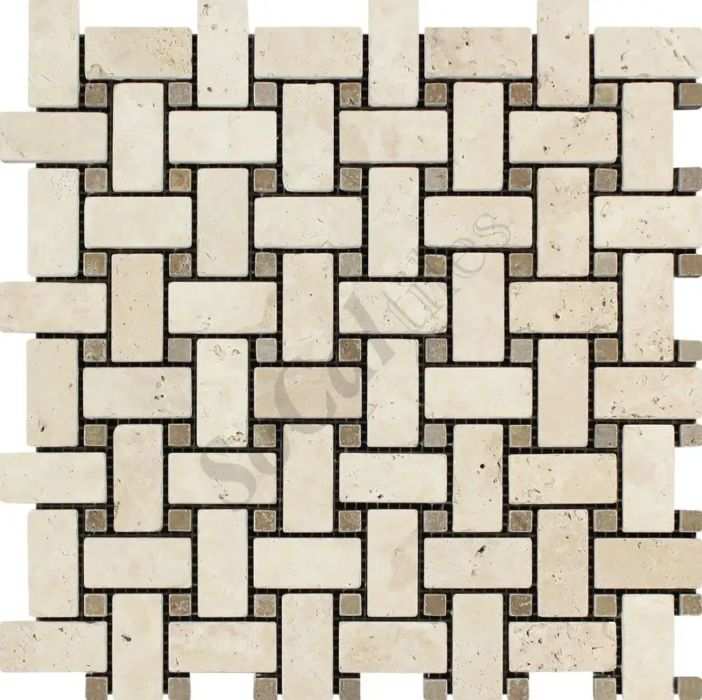 Ivory (Light) Travertine Basketweave Mosaic w/ Noce Dots Tumbled / 1 sheet Wall Tile
