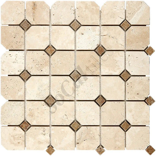 Ivory (Light) Travertine Octagon Mosaic w/ Noce Dots Tumbled Wall Tile