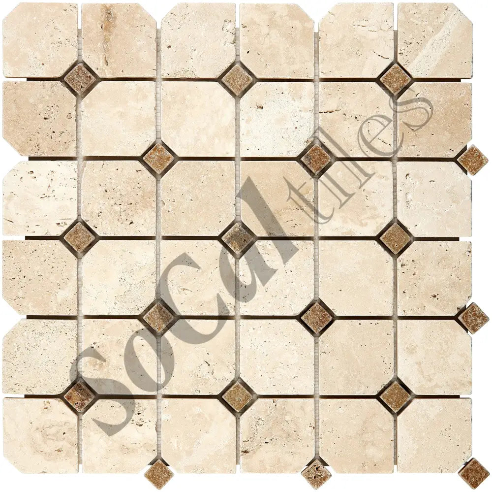 Ivory (Light) Travertine Octagon Mosaic w/ Noce Dots Tumbled Wall Tile