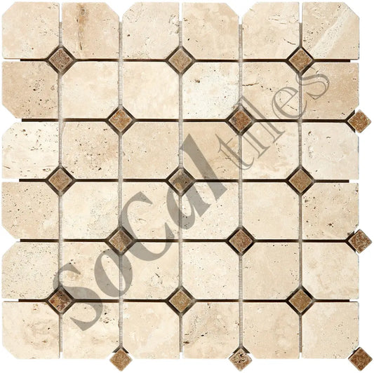 Ivory (Light) Travertine Octagon Mosaic w/ Noce Dots Tumbled Wall Tile