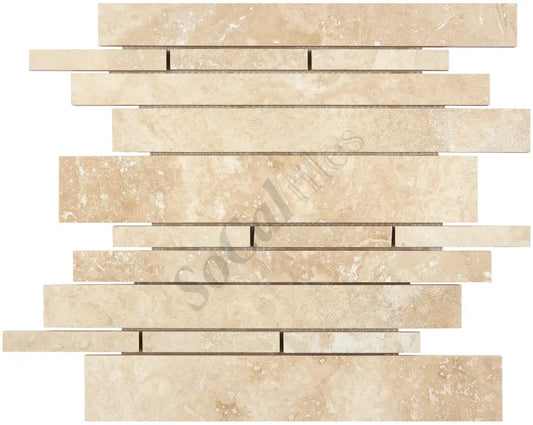 Ivory (Light) Travertine Random Strip Manhattan Mosaic Honed Wall Tile