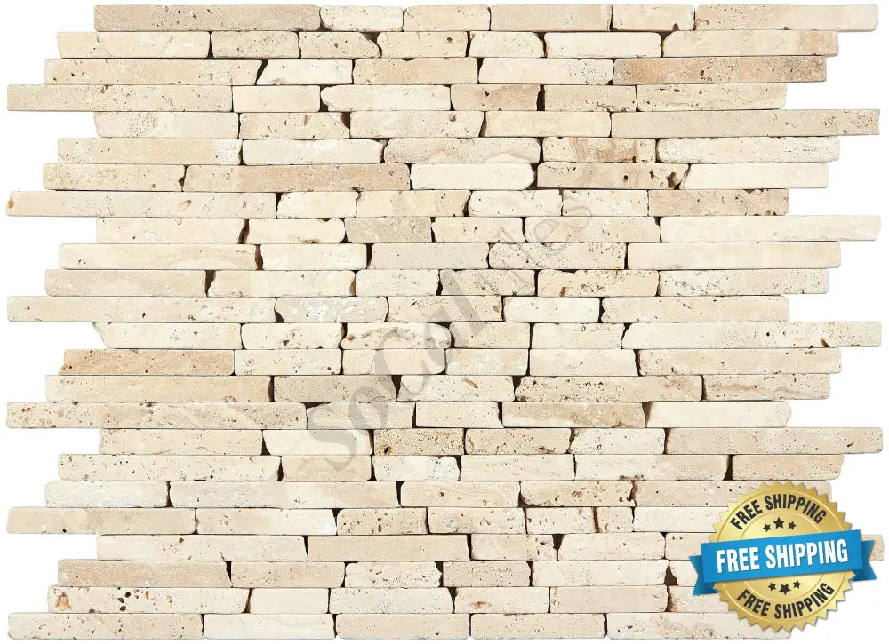 Ivory (Light) Travertine Random Strip Mosaic Tumbled Wall Tile