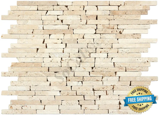 Ivory (Light) Travertine Random Strip Mosaic Tumbled Wall Tile