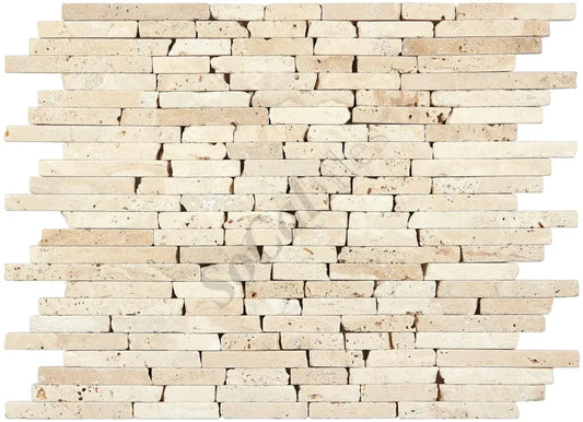 Ivory (Light) Travertine Random Strip Mosaic Tumbled Wall Tile