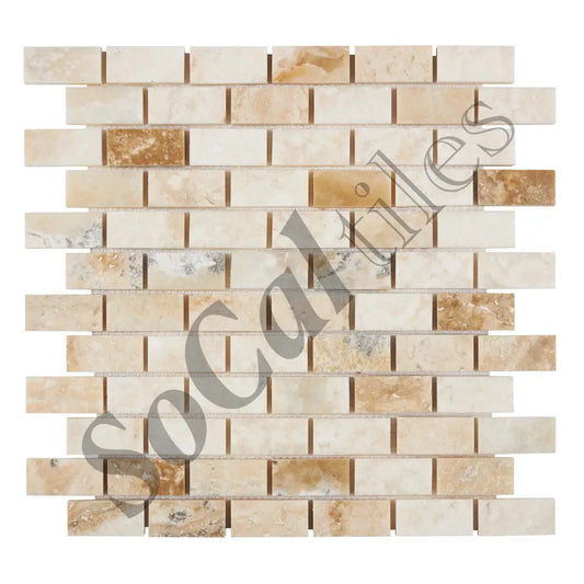 Latravonya Travertine 1’’ X 2’’ Brick Mosaic Filled & Honed/Split-Faced Wall Tile