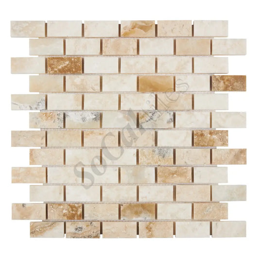 Latravonya Travertine 1’’ X 2’’ Brick Mosaic Filled & Honed/Split-Faced Wall Tile
