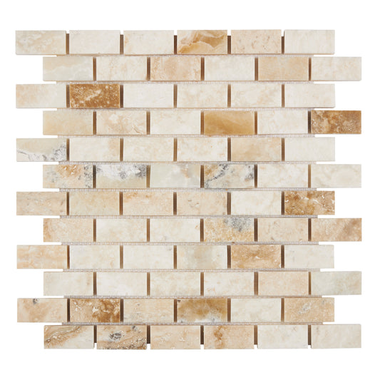 Latravonya Travertine 1’’ X 2’’ Brick Mosaic Filled & Honed/Split-Faced Wall Tile