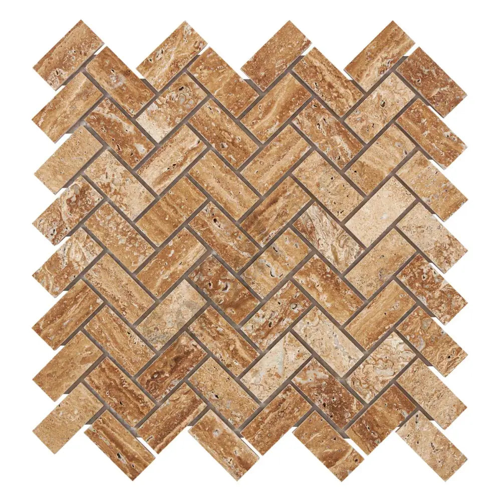 Noce Exotic Travertine Vein-Cut 1’’ X 2’’ Herringbone Mosaic Brushed & Unfilled/Polished & Unfilled Polished & Unfilled