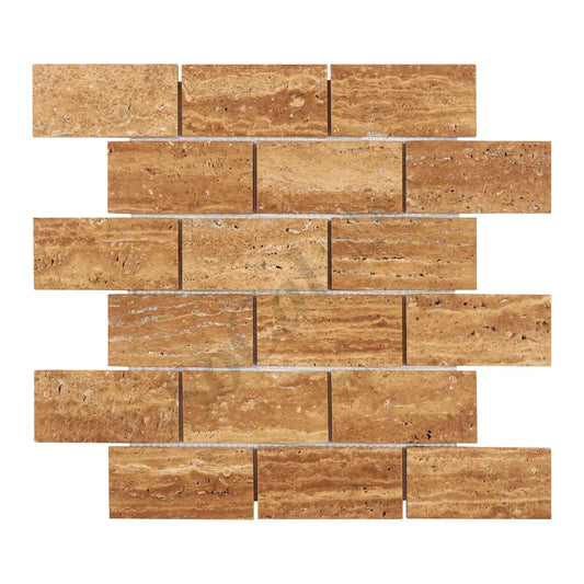 Noce Exotic Travertine Vein-Cut 2’’ X 4’’ Brick Mosaic Brushed & Unfilled/Polished & Unfilled Brushed & Unfilled