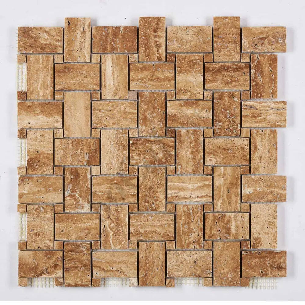Noce Exotic Travertine Vein-Cut Basketweave Mosaic Brushed & Unfilled/Polished & Unfilled Polished & Unfilled / 1 sheet