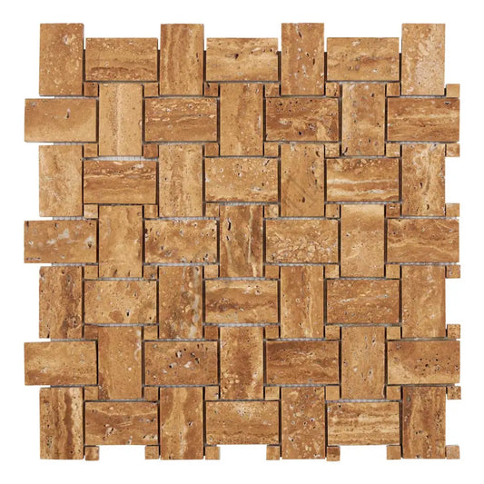 Noce Exotic Travertine Vein-Cut Basketweave Mosaic Brushed & Unfilled/Polished & Unfilled Brushed & Unfilled