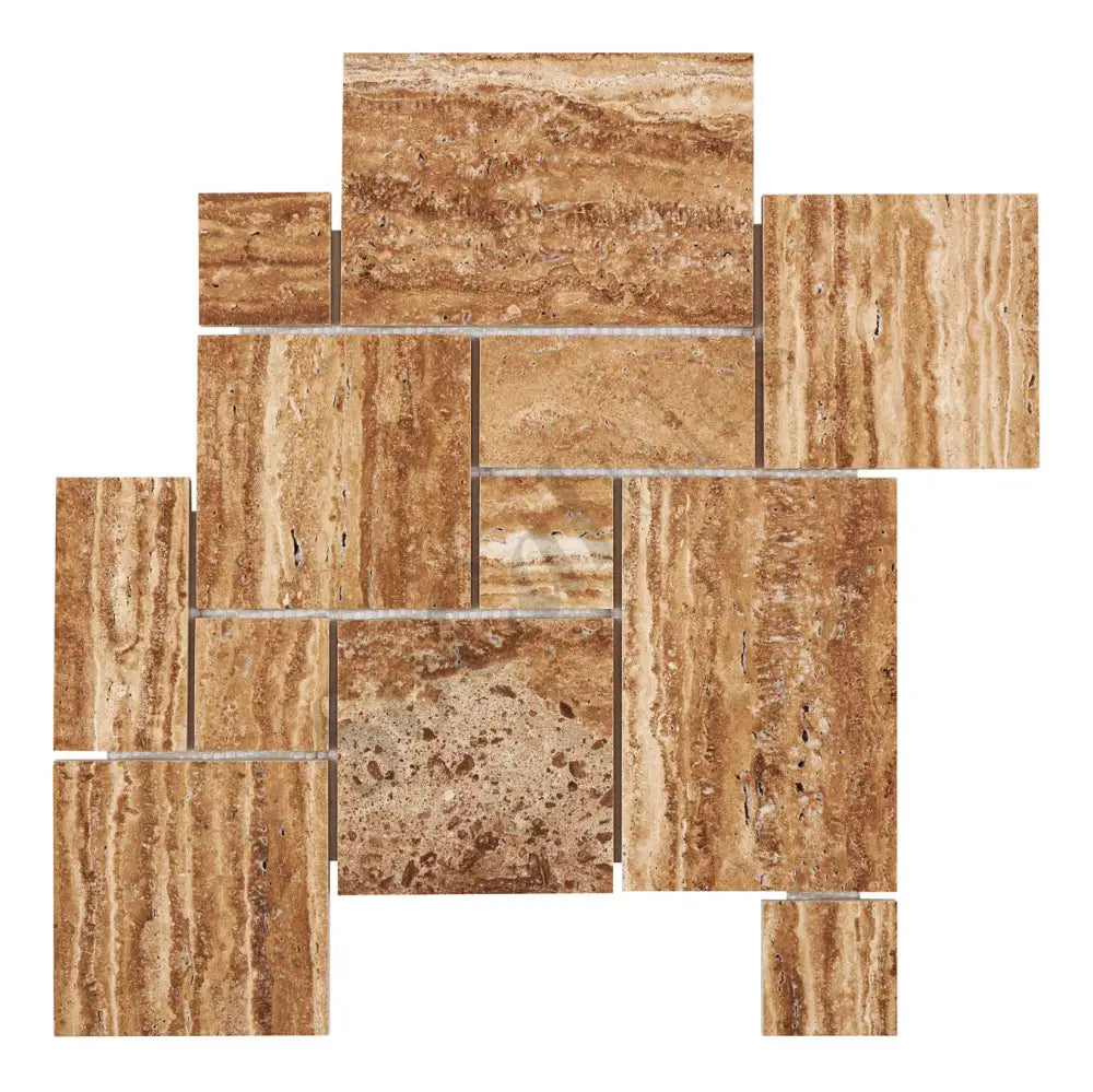 Noce Exotic Travertine Vein-Cut OPUS Mini-Pattern Mosaic Brushed & Unfilled/Polished & Unfilled Polished & Unfilled / 1