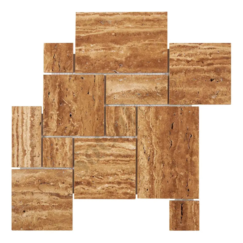 Noce Exotic Travertine Vein-Cut OPUS Mini-Pattern Mosaic Brushed & Unfilled/Polished & Unfilled Brushed & Unfilled