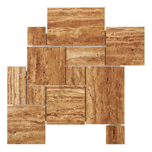 Noce Exotic Travertine Vein-Cut OPUS Mini-Pattern Mosaic Brushed & Unfilled/Polished & Unfilled Brushed & Unfilled