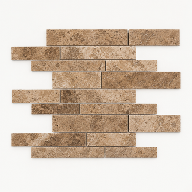 Noce Travertine Manhattan random-strip mosaic - illustrative image