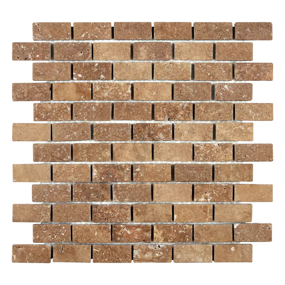 Noce Travertine 1’’ X 2’’ Brick Mosaic Tumbled/Filled & Honed/Split-Faced Wall Tile