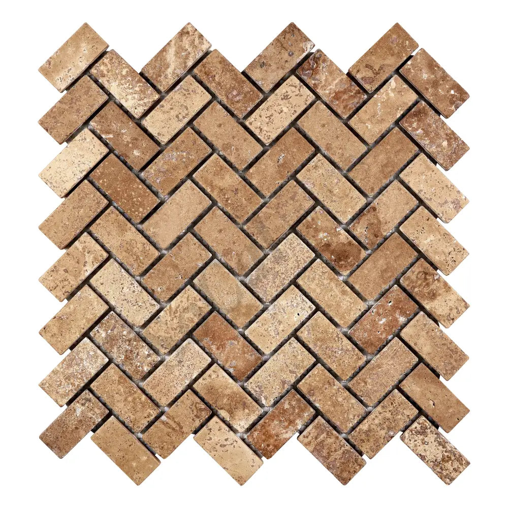 Noce Travertine 1’’ X 2’’ Herringbone Mosaic Tumbled Wall Tile
