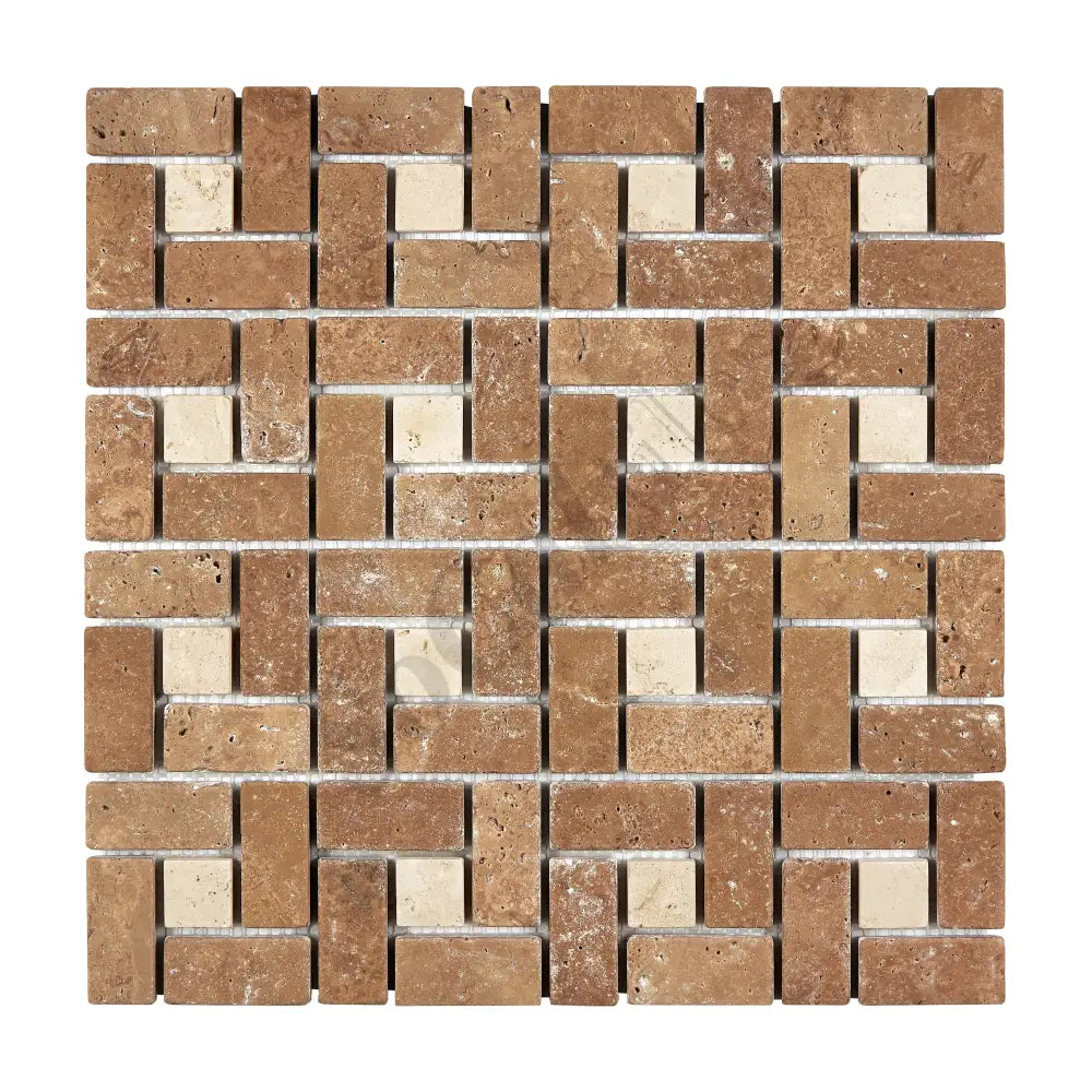 Noce Travertine 1’’ X 2’’ Pinwheel Mosaic w/ Ivory Dots Tumbled Wall Tile